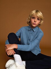 Blue Long Sleeve Herringbone Shirt (3-16yrs) - Image 5 of 9