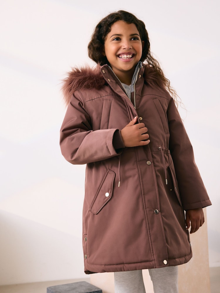 Mocha Brown Waterproof Faux Trim Padded Parka (3-16yrs) - Image 1 of 12