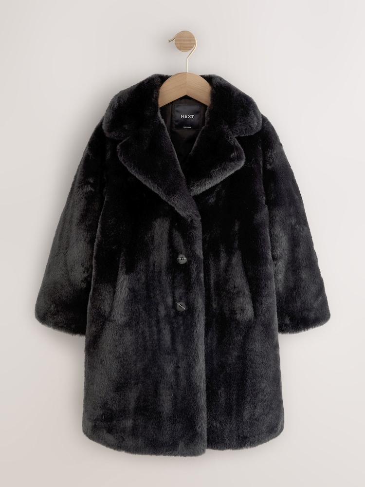 Black Faux Fur Longer Length Coat (3-16yrs) - Image 1 of 7