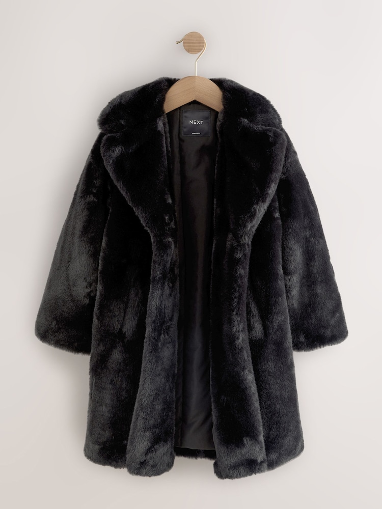 Black Faux Fur Longer Length Coat (3-16yrs) - Image 2 of 7