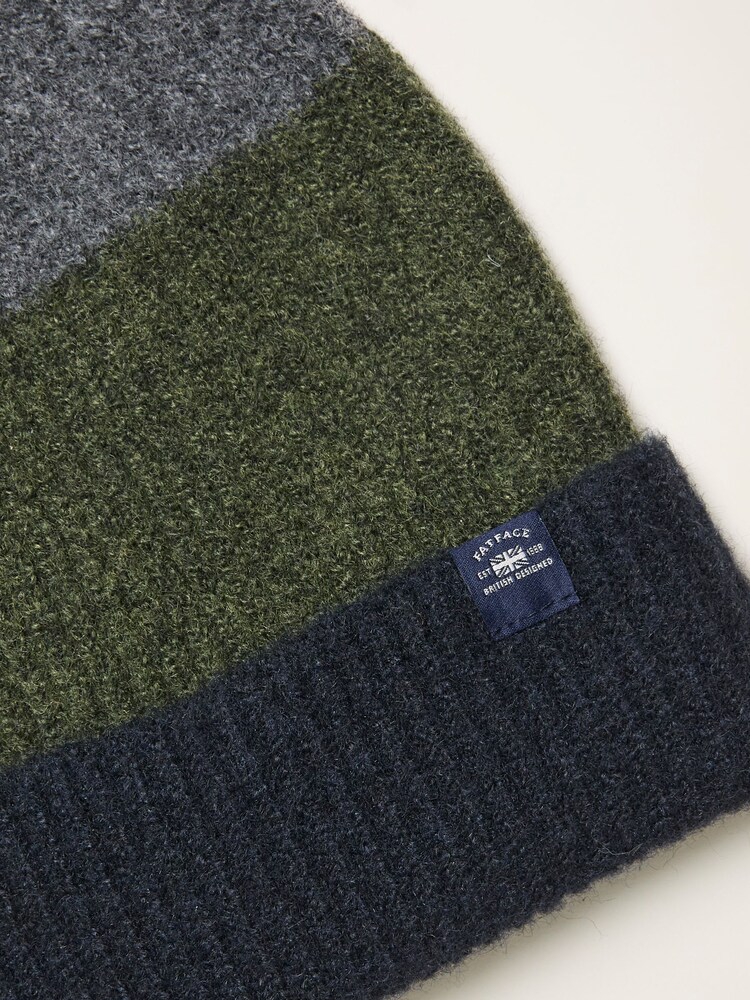 FatFace Khaki Green Leo Colourblock Beanie - Image 2 of 2 FatFace Khaki Green Leo Colourblock Beanie - Image 2 of 2