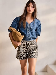 Leopard Print 100% Cotton Denim Shorts - Image 1 of 8