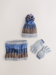 Navy Blue/Neutral Hat Gloves & Snood 3 Piece Set (3-16yrs) - Image 1 of 4