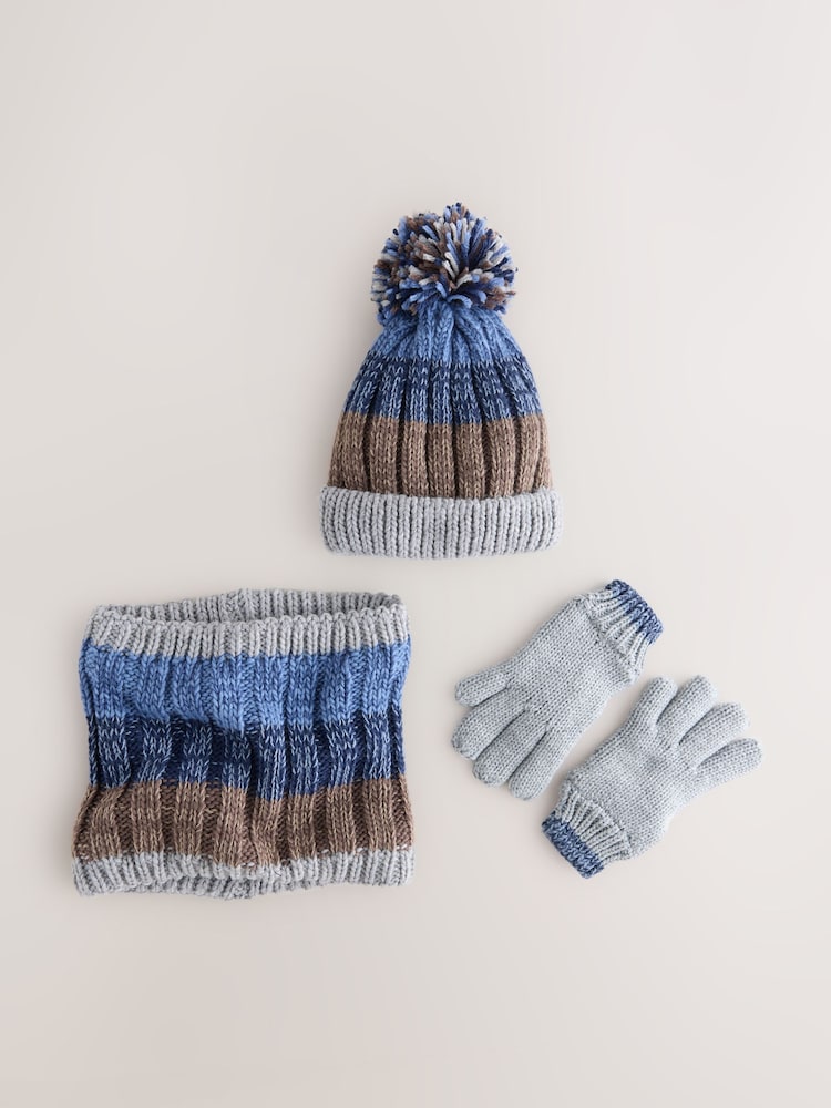 Navy Blue/Neutral Hat Gloves & Snood 3 Piece Set (3-16yrs) - Image 1 of 4 Navy Blue/Neutral Hat Gloves & Snood 3 Piece Set (3-16yrs) - Image 1 of 4