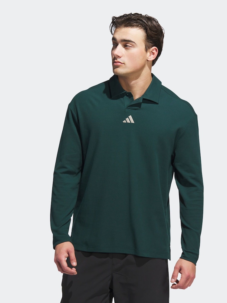 adidas Golf Loose Fit Dark Green Beyond Long Sleeve Polo Shirt - Image 1 of 6