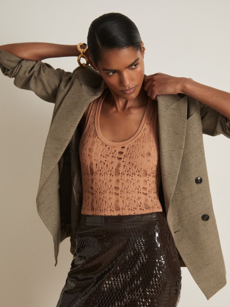 Reiss Tan Francesca Atelier Ladder Knit High Neck Bodysuit - Image 1 of 6