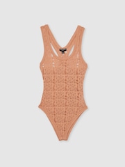 Reiss Tan Francesca Atelier Ladder Knit High Neck Bodysuit - Image 2 of 6