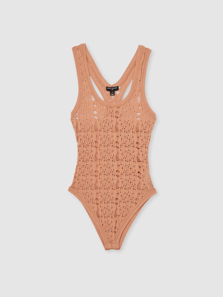 Reiss Tan Francesca Atelier Ladder Knit High Neck Bodysuit - Image 2 of 6