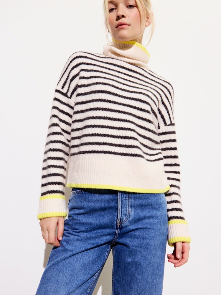Oliver Bonas White Striped Roll Neck Knitted Jumper - Image 1 of 7