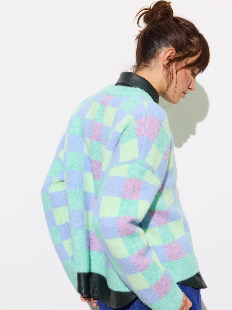 Oliver Bonas Green Checked Knitted Jumper - Image 2 of 7