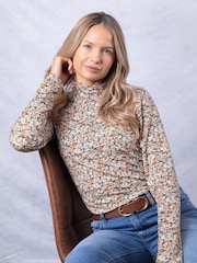Lakeland Clothing Aspen Floral Print Mock Neck Nude Top - Image 1 of 5