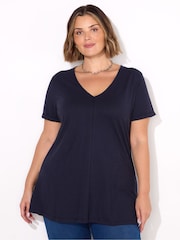 Live Unlimited Blue 100% Cotton Slub V-Neck Longline T-Shirt - Image 1 of 3