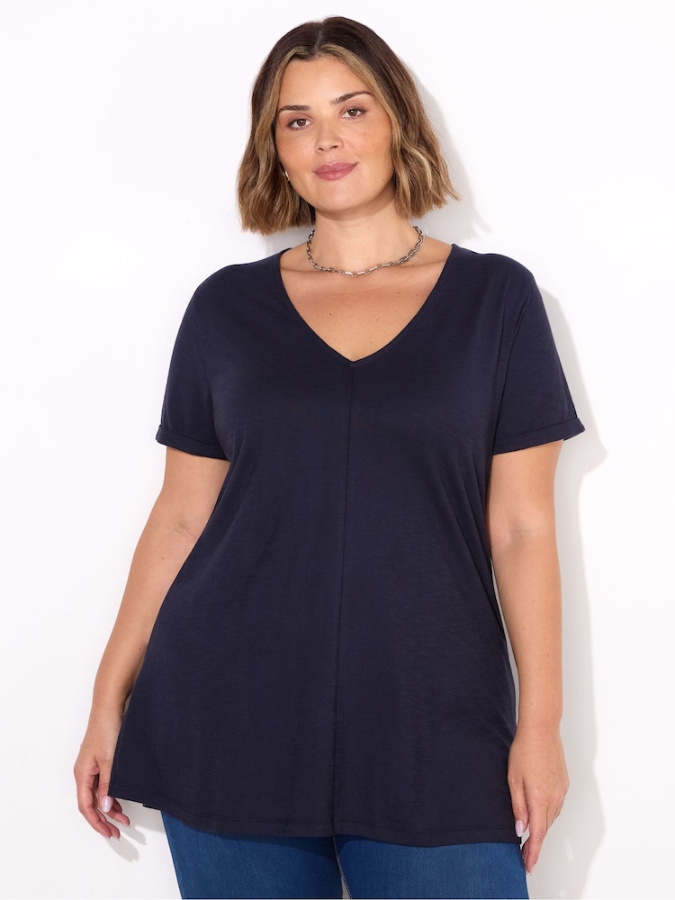Live Unlimited Blue 100% Cotton Slub V-Neck Longline T-Shirt - Image 1 of 3