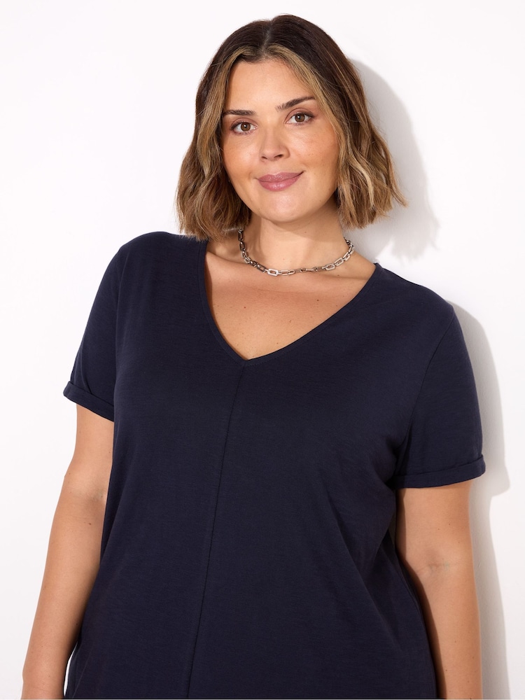 Live Unlimited Blue 100% Cotton Slub V-Neck Longline T-Shirt - Image 2 of 3
