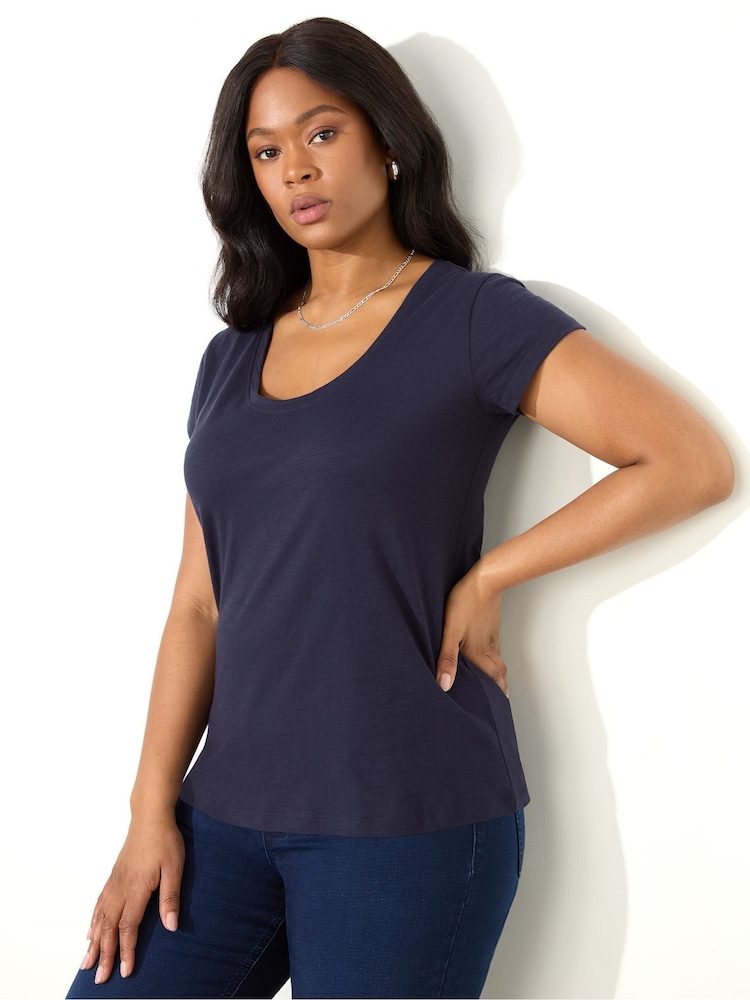 Live Unlimited Blue 100% Cotton Slub Scoop Neck T-Shirt - Image 3 of 3