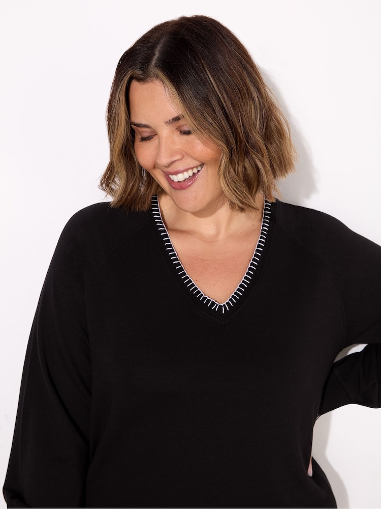 Live Unlimited Black Blanket Stitch Modal V-Neck Sweatshirt - Image 2 of 4