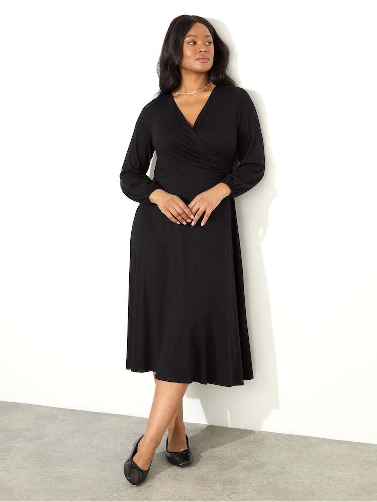 Live Unlimited Black Pleated Wrap With Blouson Sleeves Dress - Image 2 of 3
