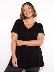 Live Unlimited Black 100% Cotton Slub V-Neck Longline T-Shirt - Image 1 of 3