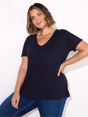 Live Unlimited Blue 100% Cotton Slub V-Neck T-Shirt - Image 1 of 3