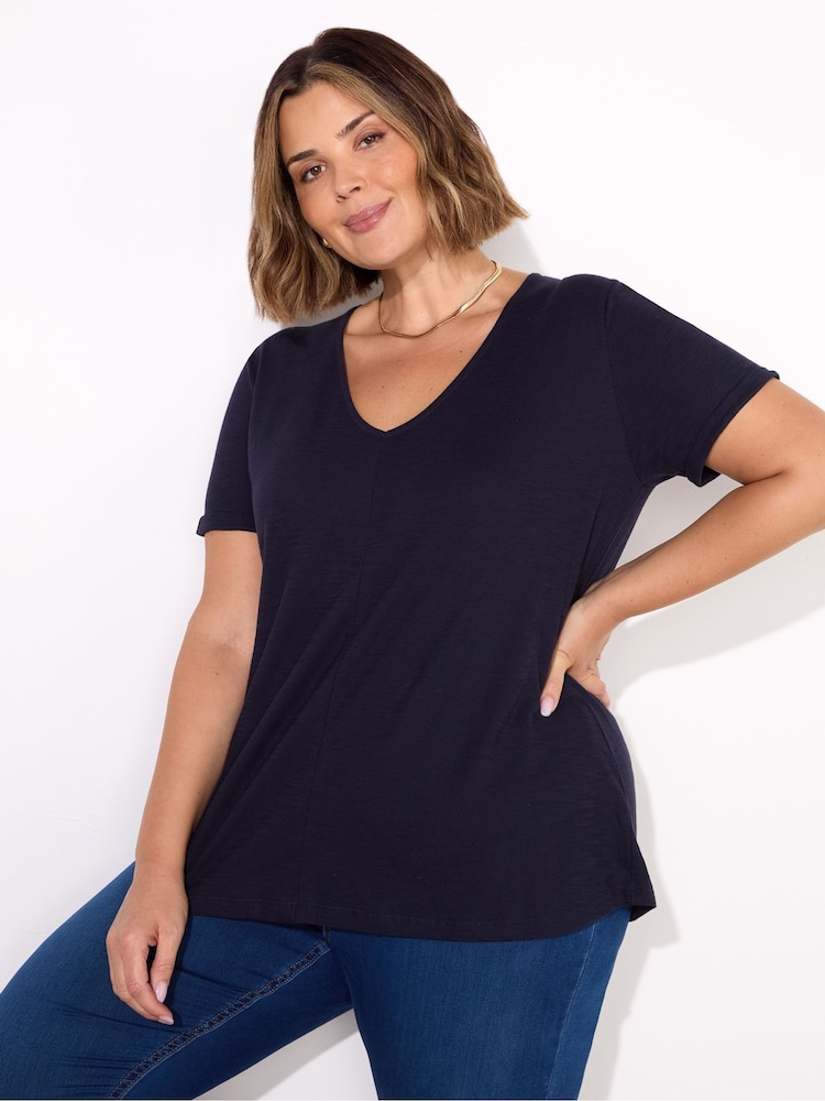 Live Unlimited Blue 100% Cotton Slub V-Neck T-Shirt - Image 1 of 3