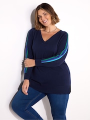 Live Unlimited Blue Knitted V-Neck Contrast Stripe Jumper - Image 1 of 4