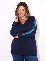 Live Unlimited Blue Knitted V-Neck Contrast Stripe Jumper - Image 2 of 4