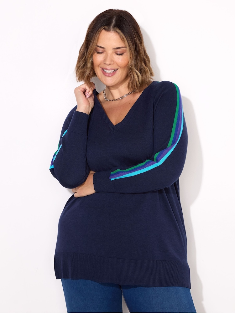 Live Unlimited Blue Knitted V-Neck Contrast Stripe Jumper - Image 2 of 4