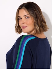 Live Unlimited Blue Knitted V-Neck Contrast Stripe Jumper - Image 3 of 4