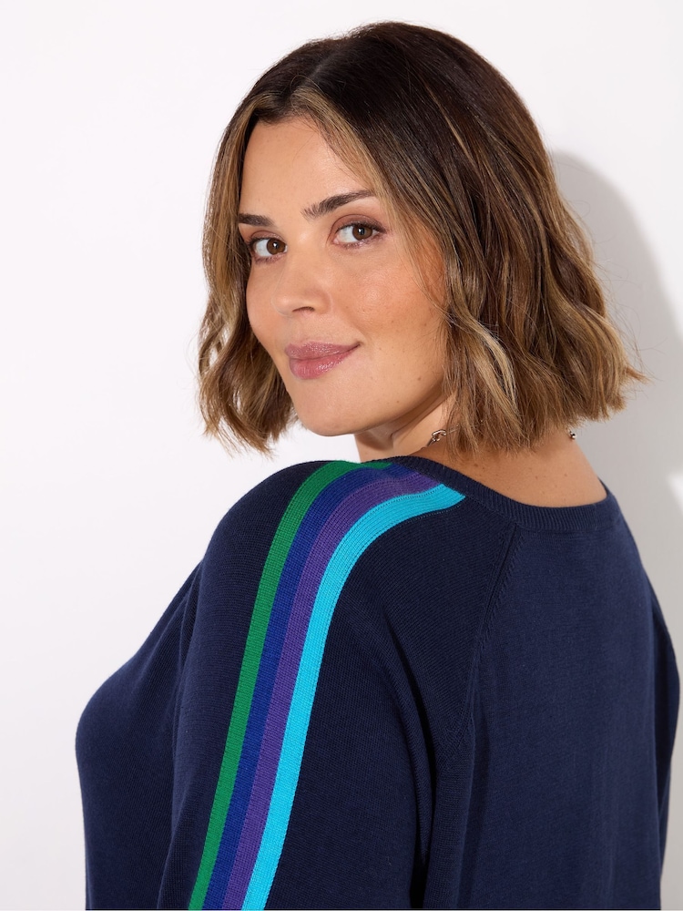 Live Unlimited Blue Knitted V-Neck Contrast Stripe Jumper - Image 3 of 4