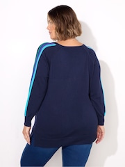Live Unlimited Blue Knitted V-Neck Contrast Stripe Jumper - Image 4 of 4