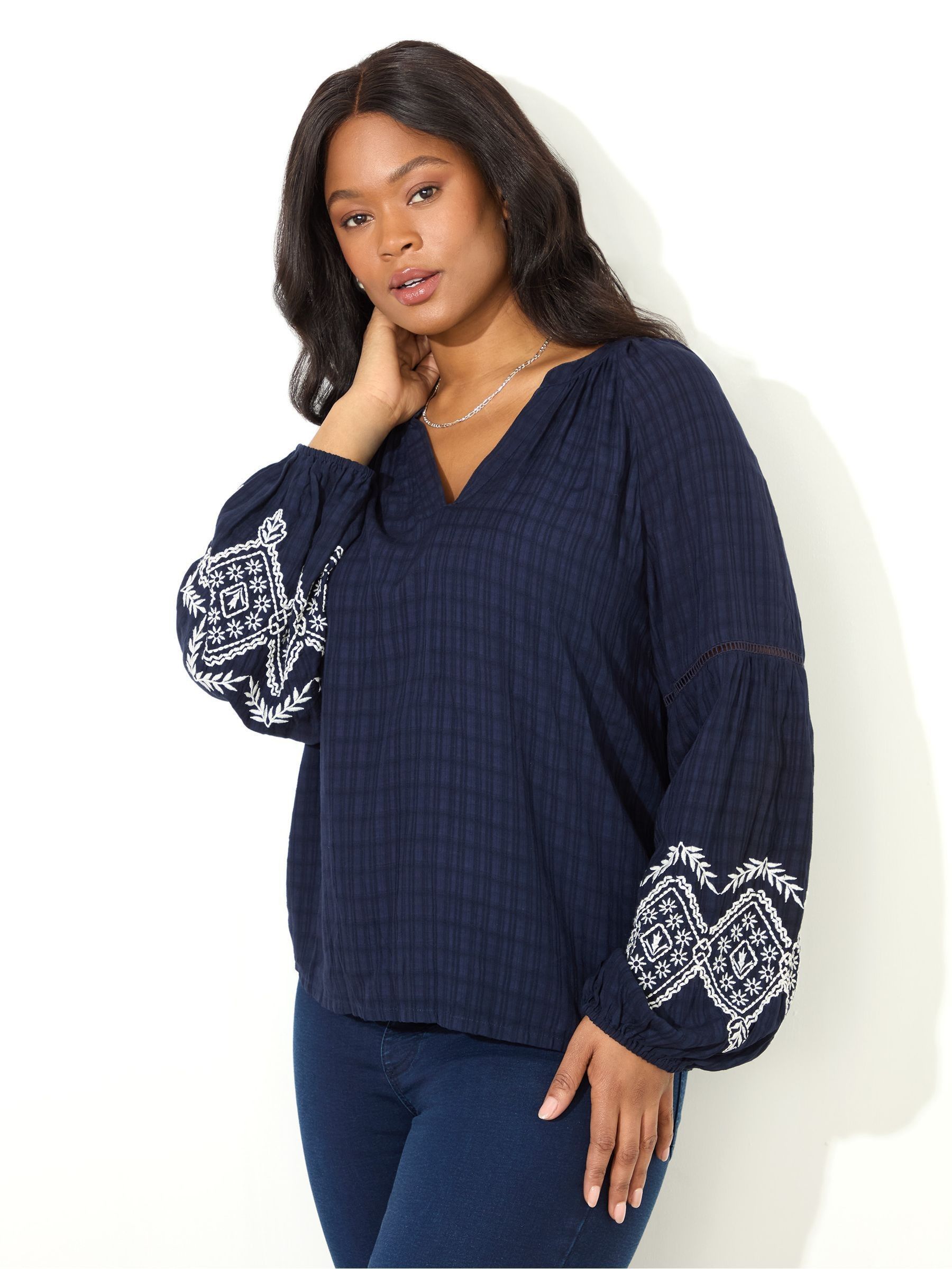 Buy Live Unlimited Curve Blue Embroidered Sleeve Top from Next USA