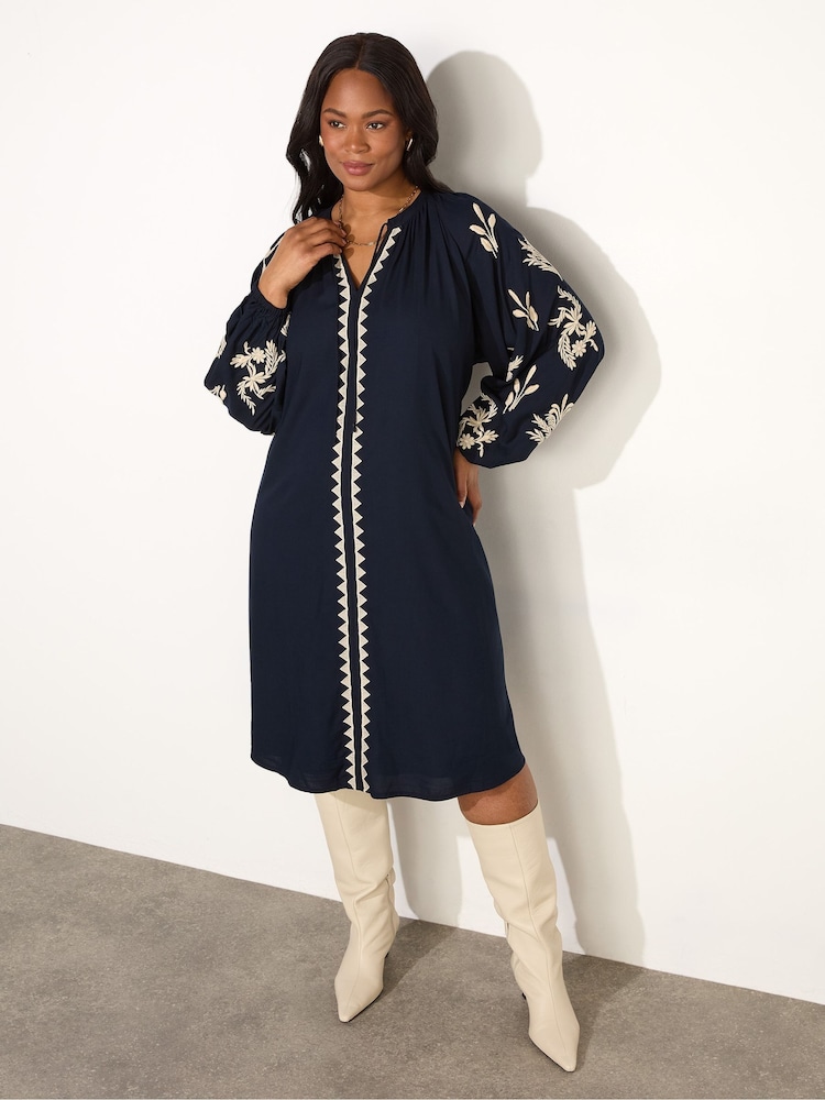 Live Unlimited Blue Embroidered Sleeve Tie Neck Dress - Image 1 of 3