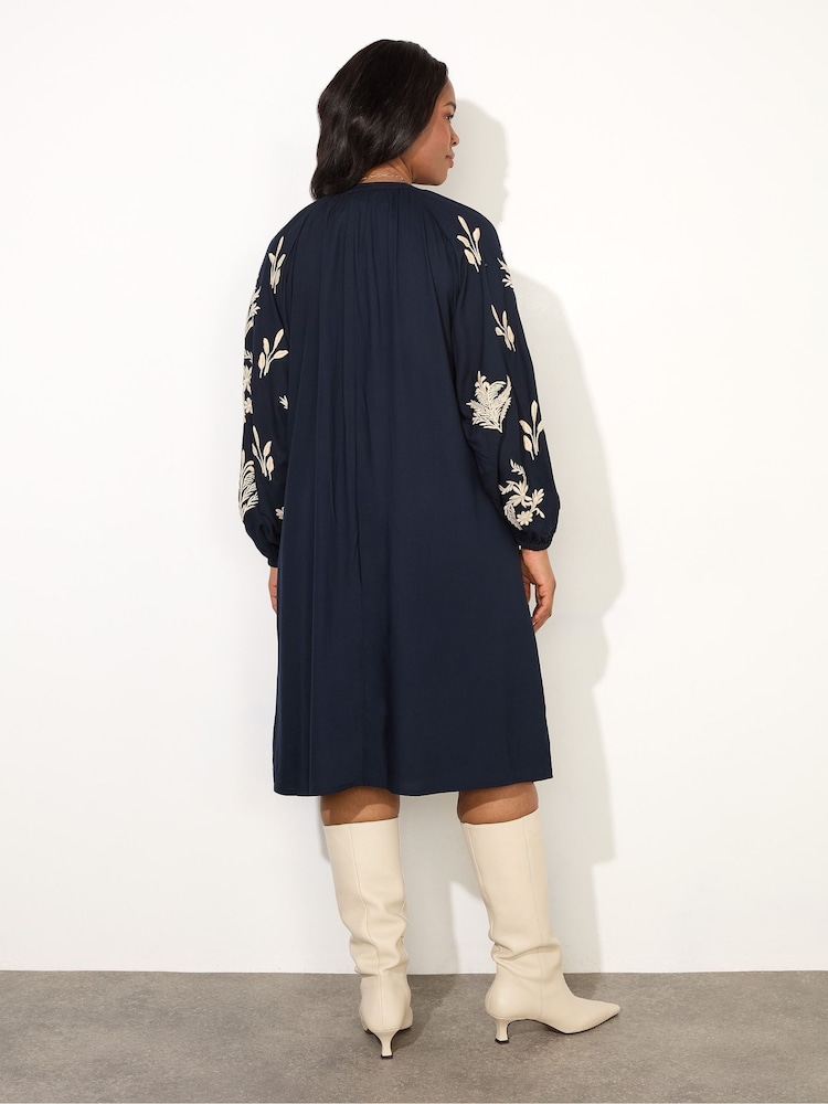 Live Unlimited Blue Embroidered Sleeve Tie Neck Dress - Image 2 of 3