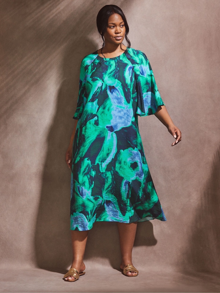Live Unlimited Green Abstract Print Flutter Sleeve Midi Dress - Image 2 of 6