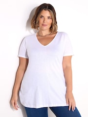 Белый - Футболка Live Unlimited 100% Cotton Slub с V-образным вырезом и удлиненным воротом - Изображение 1 из 4