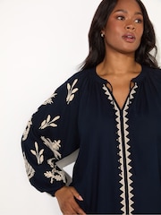 Live Unlimited Curve Blue Embroidered Sleeve Tie Neck Top - Image 2 of 3