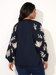 Live Unlimited Curve Blue Embroidered Sleeve Tie Neck Top - Image 3 of 3