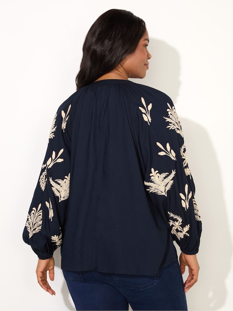 Live Unlimited Curve Blue Embroidered Sleeve Tie Neck Top - Image 3 of 3