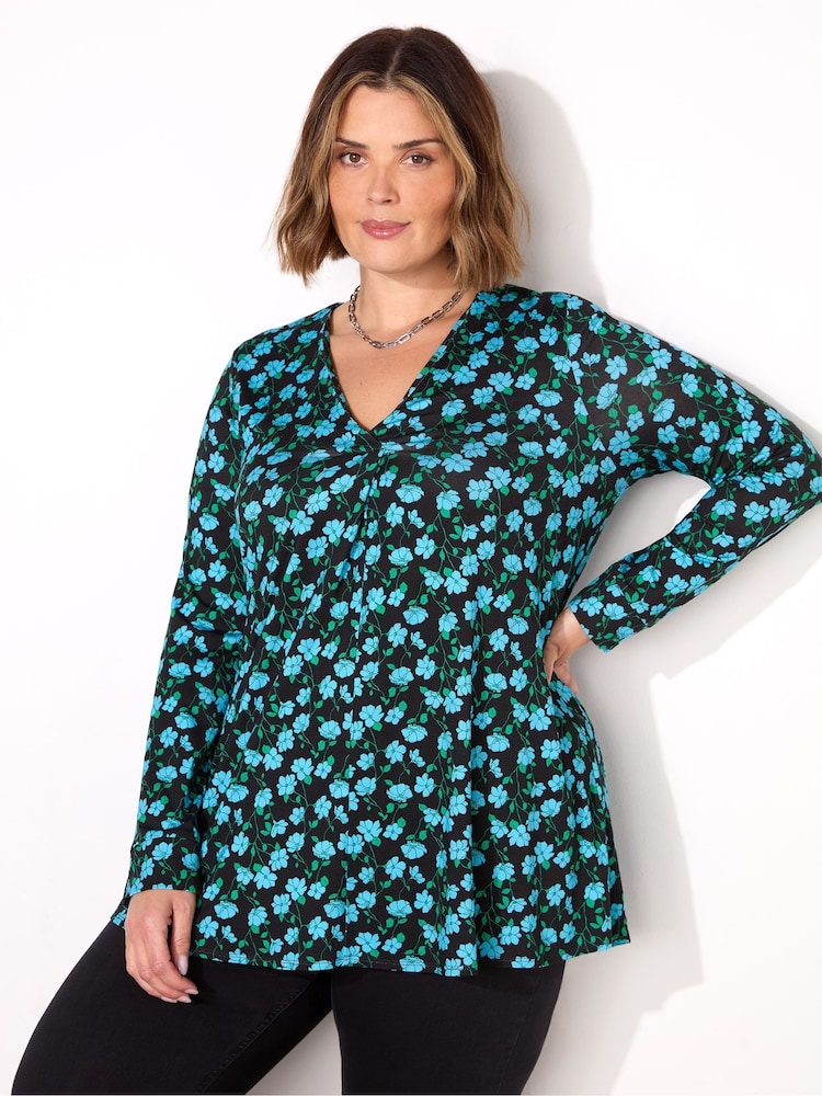 Blau - Live Unlimited Abstract Pleat Front Jersey Top - Bild 1 von 3