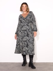 Live Unlimited Black Abstract Pleated Wrap With Blouson Sleeves Dress - Image 1 of 3
