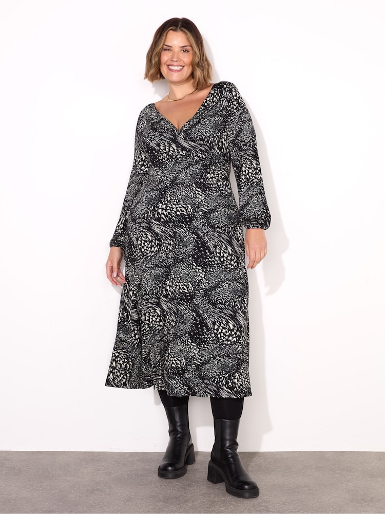 Live Unlimited Black Abstract Pleated Wrap With Blouson Sleeves Dress - Image 1 of 3