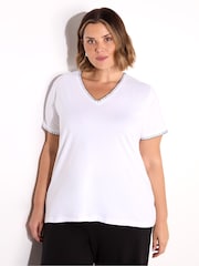 Blanco - Live Unlimited Blanket Stitch Cotton V-Neck T-Shirt - Imagen 1 de 5