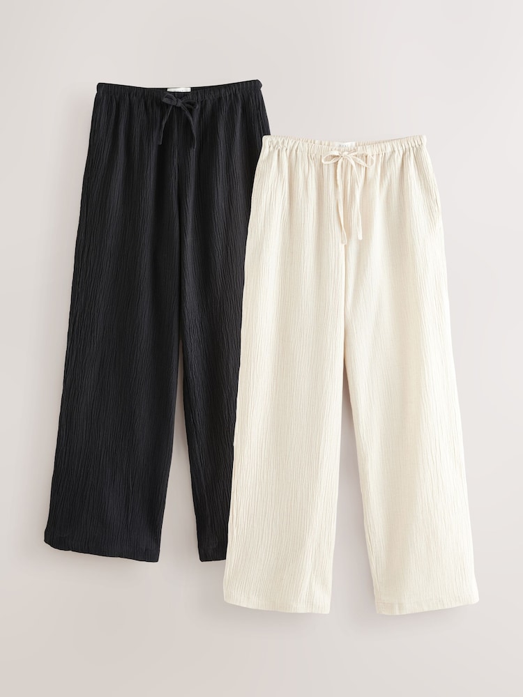 Neutral/Black 2 Pack Wide Leg Textured Trousers with Linen - Image 1 of 5