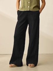 Black/Khaki 2 Pack Wide Leg Textured Trousers with Linen - Image 1 of 10