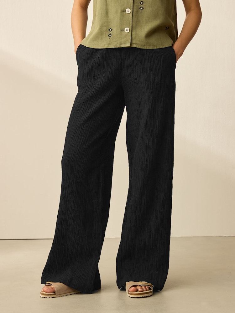 Black/Khaki 2 Pack Wide Leg Textured Trousers with Linen - Image 1 of 10