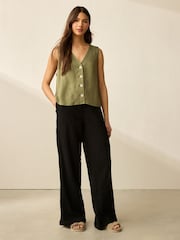 Black/Khaki 2 Pack Wide Leg Textured Trousers with Linen - Image 2 of 10