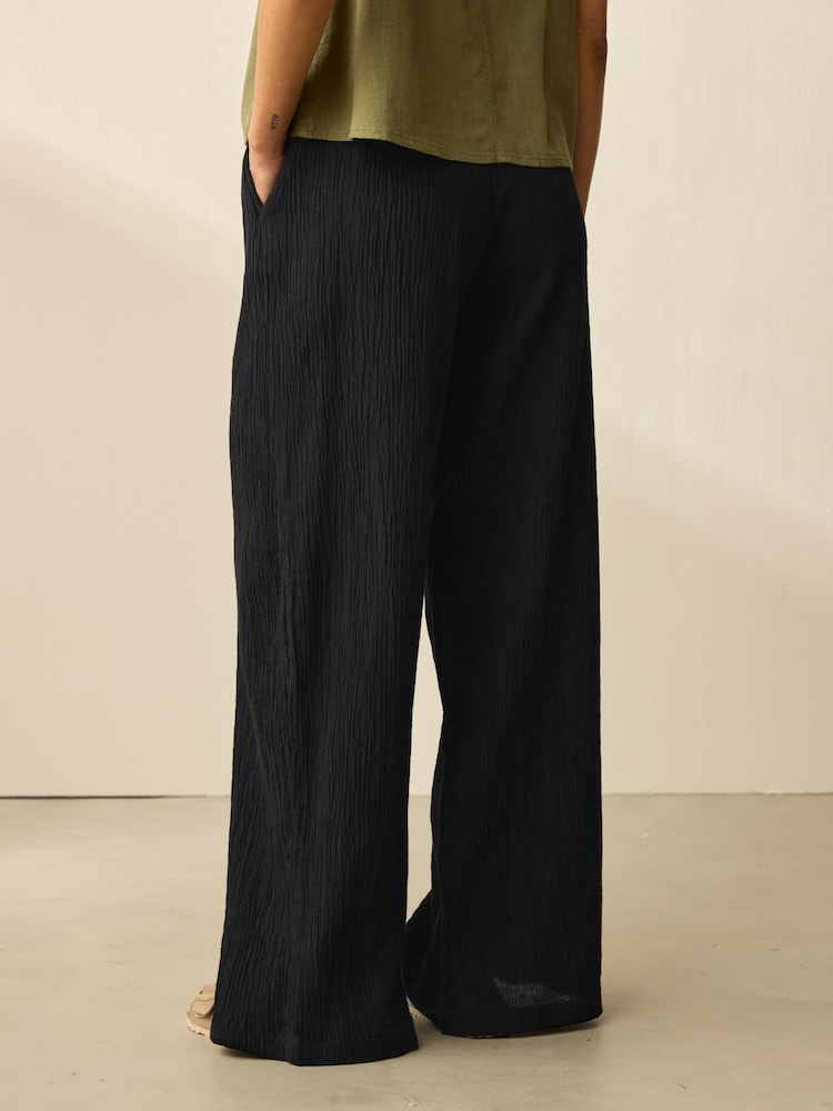 Black/Khaki 2 Pack Wide Leg Textured Trousers with Linen - Image 3 of 10