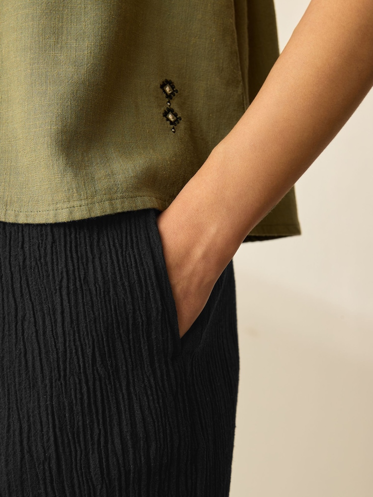 Black/Khaki 2 Pack Wide Leg Textured Trousers with Linen - Image 5 of 10