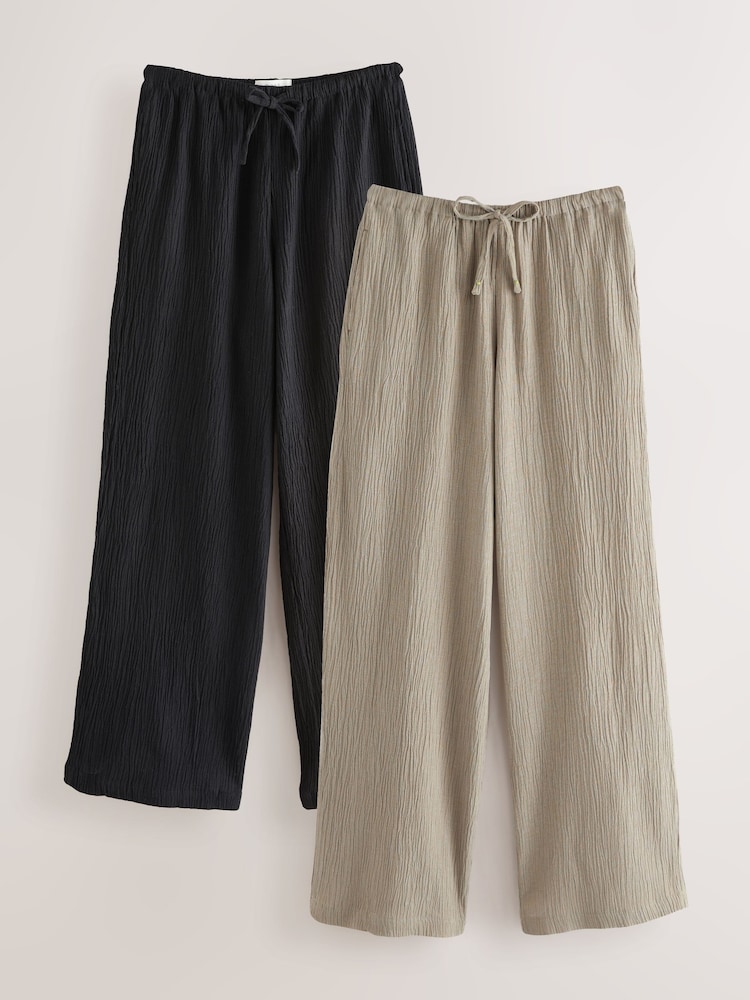 Black/Khaki 2 Pack Wide Leg Textured Trousers with Linen - Image 6 of 10