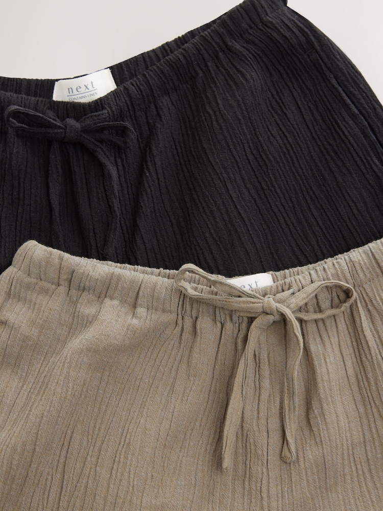 Black/Khaki 2 Pack Wide Leg Textured Trousers with Linen - Image 9 of 10